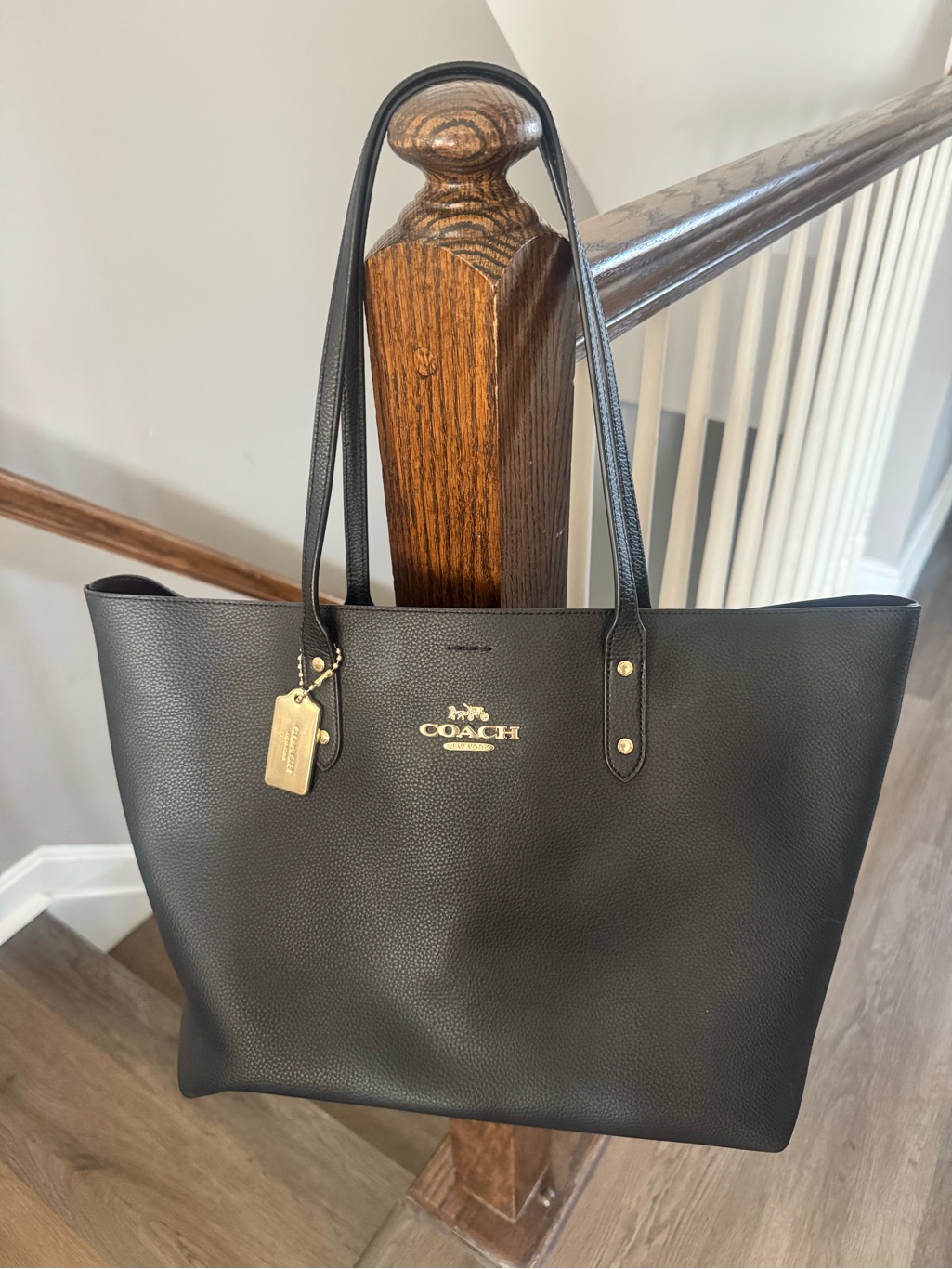 Coach Black Pebbled Leather Tote With Gold Logo